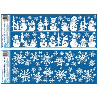 Karácsonyi ablakmatrica hópelyhekkel és hóemberekkel glitteres fekvő 60x22,5cm 1 ív 10622