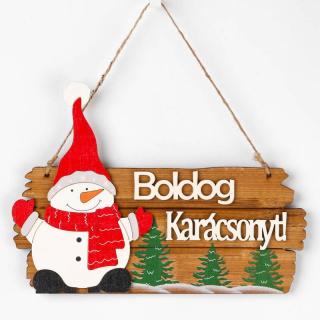 Karácsonyi fából készült akasztós ajtódísz dekoráció Boldog karácsonyt felirattal hóemberrel 23x16,5 cm ZHH113174