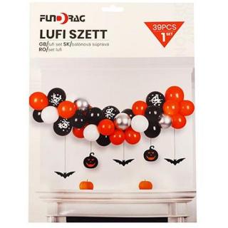 Lufi szett csomag halloweeni díszítéssel fekete, narancssárga, fehér, ezüst gumi lufikkal 39 db-os