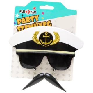 Party szemüveg hajóskapitány kalappal és bajusszal fekete - fehér színű 18x16 cm 611260