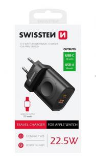 Swissten 2in1 hálózati töltőadapter 1XUSB-A, 1XUSB-C, 1X Apple Watch, 22,5W, fekete