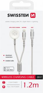 Swissten 2in1 vezeték nélküli töltő, Apple Watch  lightning kábel, USB-C, 1,2m, fehér