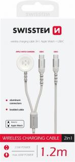Swissten 2in1 vezeték nélküli töltő, Apple Watch  USB-C kábel, USB-C, 1,2m, fehér