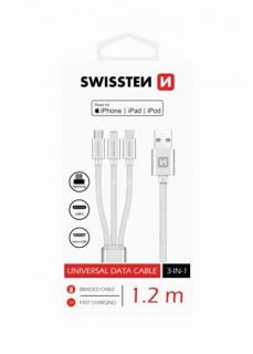 Swissten 3in1 univerzális adat- és töltőkábel (lightning MFI, Type-C, mikro USB) 1,2 m, ezüst