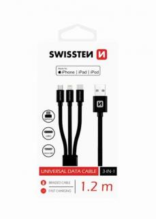 Swissten 3in1 univerzális adat- és töltőkábel (lightning MFI, Type-C, mikro USB) 1,2 m, fekete