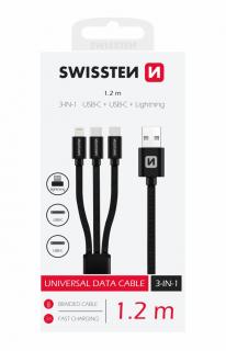 Swissten 3in1 univerzális adat- és töltőkábel textil bevonattal (1xlightning, 2xType-C) 1,2 m, fekete
