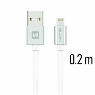 Swissten adat- és töltőkábel textil bevonattal, USB/lightning, 0,2 m ezüst/fehér