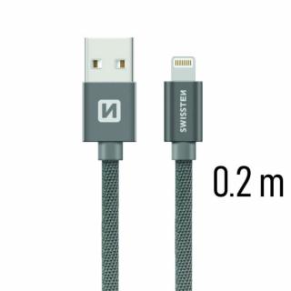 Swissten adat- és töltőkábel textil bevonattal, USB/lightning, 0,2 m szürke