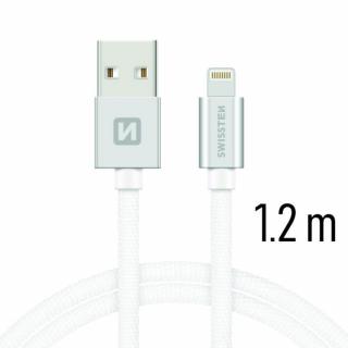 Swissten adat- és töltőkábel textil bevonattal, USB/lightning, 1,2 m ezüst/fehér