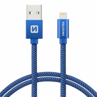 Swissten adat- és töltőkábel textil bevonattal, USB/lightning, 1,2 m kék