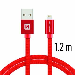 Swissten adat- és töltőkábel textil bevonattal, USB/lightning, 1,2 m piros