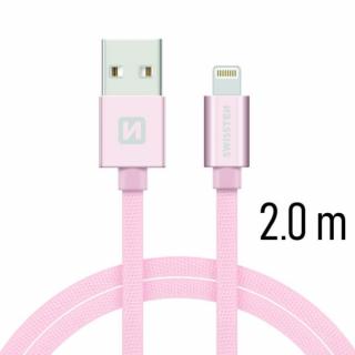 Swissten adat- és töltőkábel textil bevonattal, USB/lightning, 2 m rozé arany