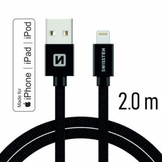 Swissten adat- és töltőkábel textil bevonattal, USB/lightning MFI, 2 m fekete