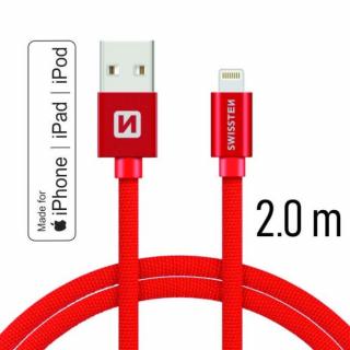 Swissten adat- és töltőkábel textil bevonattal, USB/lightning MFI, 2 m piros