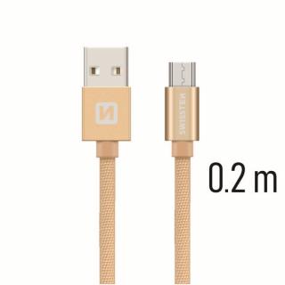 Swissten adat- és töltőkábel textil bevonattal, USB/mikro USB, 0,2 m arany