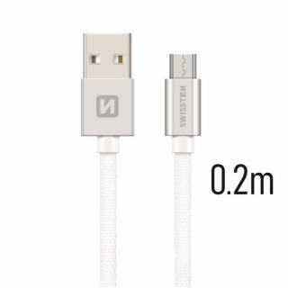 Swissten adat- és töltőkábel textil bevonattal, USB/mikro USB, 0,2 m ezüst/fehér