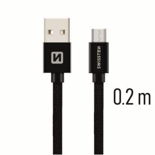 Swissten adat- és töltőkábel textil bevonattal, USB/mikro USB, 0,2 m fekete