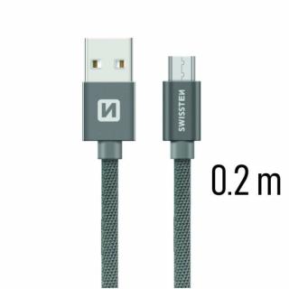 Swissten adat- és töltőkábel textil bevonattal, USB/mikro USB, 0,2 m szürke