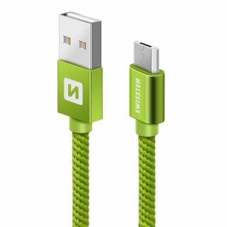 Swissten adat- és töltőkábel textil bevonattal, USB/mikro USB, 0,2 m zöld