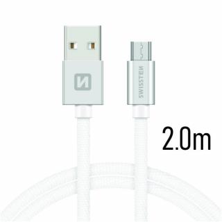 Swissten adat- és töltőkábel textil bevonattal, USB/mikro USB, 2 m ezüst/fehér