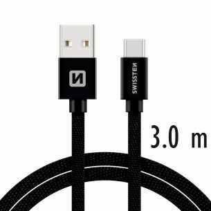 Swissten adat- és töltőkábel textil bevonattal, USB/mikro USB, 3 m fekete