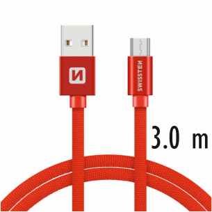 Swissten adat- és töltőkábel textil bevonattal, USB/mikro USB, 3 m piros