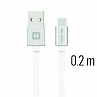 Swissten adat- és töltőkábel textil bevonattal, USB/USB-C, 0,2 m ezüst/fehér