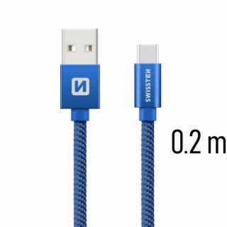 Swissten adat- és töltőkábel textil bevonattal, USB/USB-C, 0,2 m kék