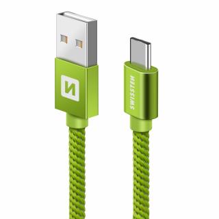 Swissten adat- és töltőkábel textil bevonattal, USB/USB-C, 0,2 m zöld