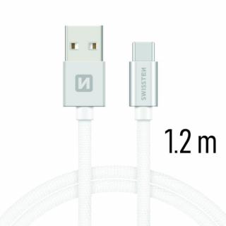 Swissten adat- és töltőkábel textil bevonattal, USB/USB-C, 1,2 m ezüst/fehér