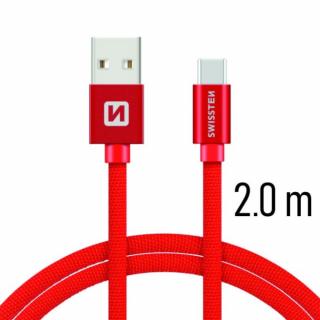 Swissten adat- és töltőkábel textil bevonattal, USB/USB-C, 2 m piros