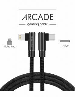Swissten Arcade gaming adat- és töltőkábel textil bevonattal, USB-C/lightning, 1,2 m fekete, L-csatlakozó