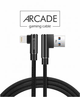 Swissten Arcade gaming adat- és töltőkábel textil bevonattal, USB/lightning, 1,2 m fekete, L-csatlakozó