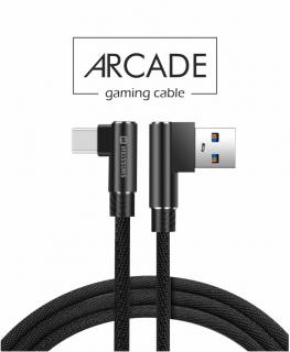 Swissten Arcade gaming adat- és töltőkábel textil bevonattal, USB/USB-C, 1,2 m fekete, L-csatlakozó