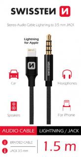 Swissten audio adapter, textil, iPhone lightning - 3,5 mm Jack male, 1,5m, fekete