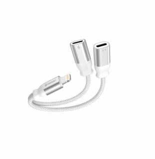 Swissten audio és töltőadapter, textil, lightning (male)/2xlightning (female), 0,12m, fehér