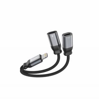 Swissten audio és töltőadapter, textil, lightning (male)/2xlightning (female), 0,12m, fekete