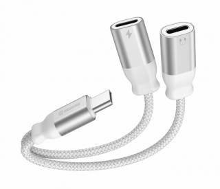 Swissten audio és töltőadapter, textil, USB-C (male)/2xUSB-C (female), 0,12m, fehér
