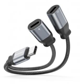 Swissten audio és töltőadapter, textil, USB-C (male)/2xUSB-C (female), 0,12m, fekete