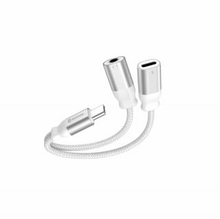 Swissten audio és töltőadapter, textil, USB-C (male)/USB-C (female), 3,5mm AUX, 0,12m, fehér