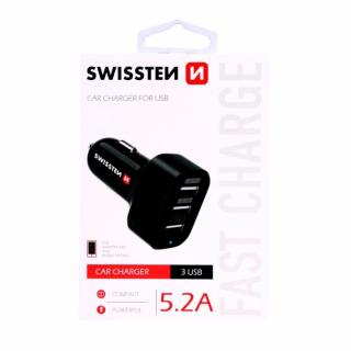 Swissten autós töltő 3 USB port, 5,2 A, fekete