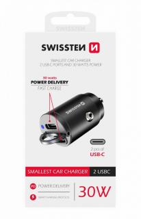 Swissten autós töltő adapter Power Delivery 2XUSB-C, 30W, fekete