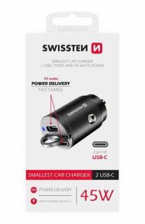 Swissten autós töltő adapter Power Delivery 2XUSB-C, 45W, fekete