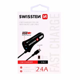 Swissten autós töltő mikro USB kábellel, + 1 USB port, 2,4 A fekete