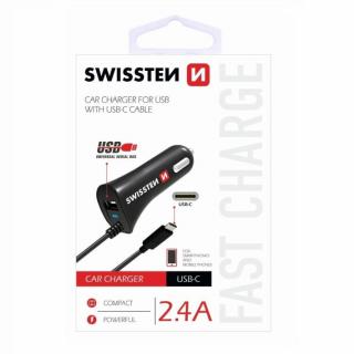 Swissten autós töltő USB-C kábellel, + 1 USB port, 2,4 A, fekete