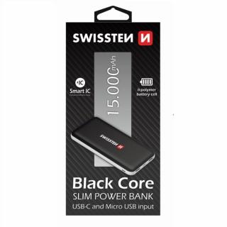Swissten black core slim power bank, 15000 mAh, USB-C és mikro USB input, Smart IC