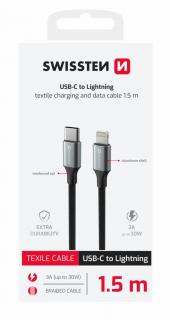 Swissten fonott textil adat- és töltőkábel USB-C/lightning, 1,5m, fekete