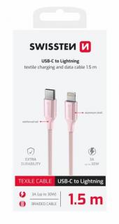 Swissten fonott textil adat- és töltőkábel USB-C/lightning, 1,5m, rózsaszín