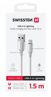Swissten fonott textil adat- és töltőkábel USB/lightning, 1,5m, fehér