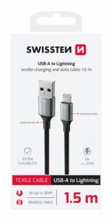 Swissten fonott textil adat- és töltőkábel USB/lightning, 1,5m, fekete